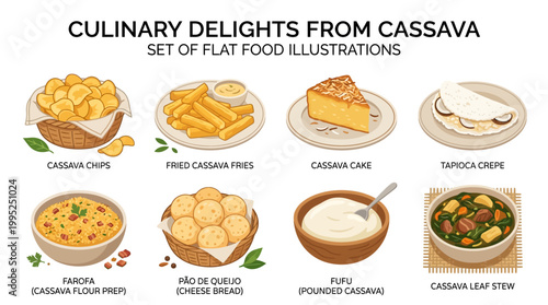 A set of delicious flat food illustrations displaying various traditional recipes made from nutrient dense cassava root for global dining