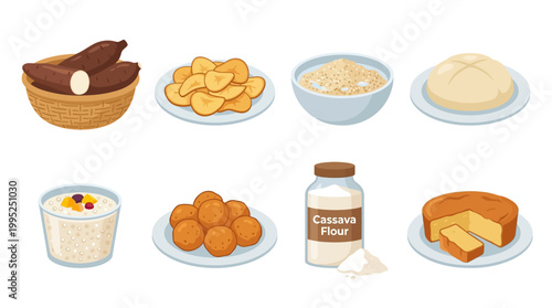 A collection of various delicious cassava products including raw roots, chips, flour, bread, puddings, cakes, and other tasty culinary snacks