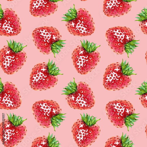 A seamless pattern for fabric or packaging featuring a juicy strawberries. A simple yet elegant endless, delicious fresh red berry with green leaves on top pattern. Hand drawn watercolor illustration