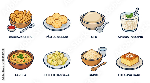 A diverse collection of traditional cassava based dishes including chips pudding cake fufu farofa and boiled roots for healthy eating