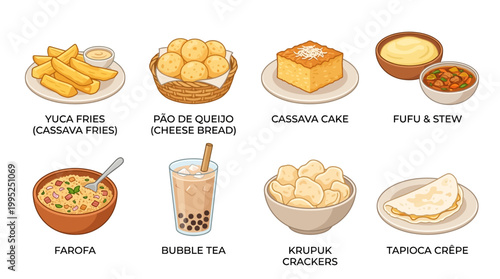 An illustrated collection showing various global snacks and traditional cassava dishes including fries, bread, cake, stew, porridge and tea.