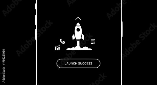 Rocket launch success interface vector illustration featuring mobile application startup growth icons with minimalist white graphic symbols isolated on a dark solid background screen design