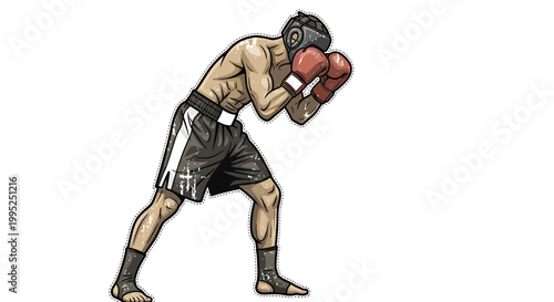 Boxer in stance, wearing headgear and gloves, ready to fight