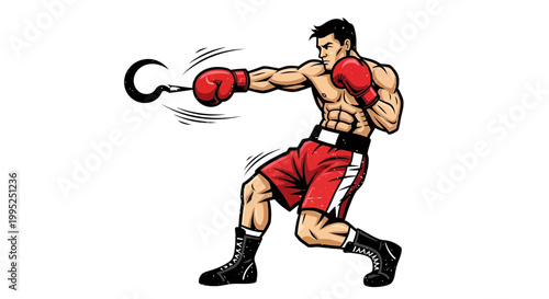Boxer punching speed bag, dynamic action pose, athletic build, red shorts and gloves