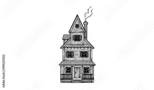 Multi-story wooden cabin with chimney black and white line art vector illustration detailed rustic house isolated on white