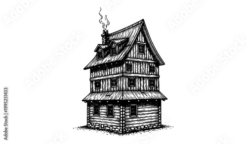Rustic multi-story cabin with chimney engraving style black and white vector illustration angled view isolated on white