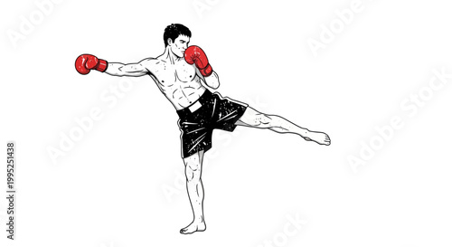 Man practicing Muay Thai kickboxing, athletic build, red gloves, black shorts, white background