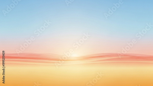 A serene landscape of a vibrant sunset over a peaceful mountain range with a blue sky