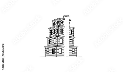 Minimal multi-story wooden cabin with chimney black and white contour line vector illustration modern architectural sketch