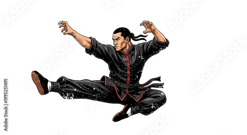 Martial artist in mid-air kick pose, dynamic action, traditional uniform