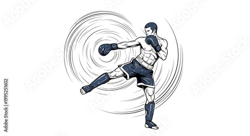 Martial Artist Performing High Kick with Boxing Gloves and Shin Guards, Dynamic Swirl Background