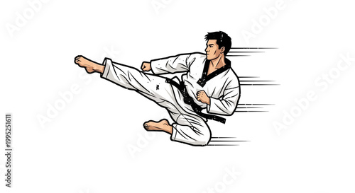 Martial Artist Performing High Kick in Taekwondo Uniform