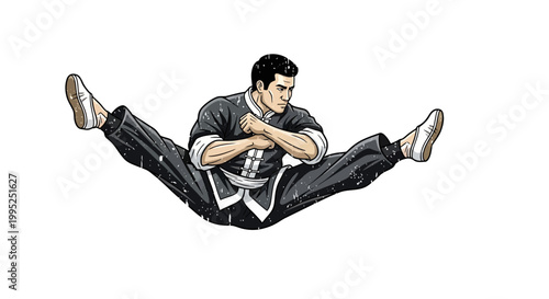 Martial Artist Performing Split Kick in Traditional Uniform