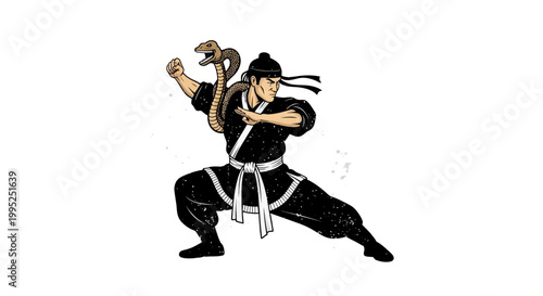 Martial artist with cobra in combat stance, traditional uniform, white background