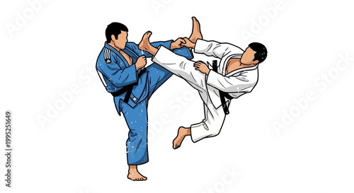Martial Arts Action: Two Men in Gi Performing Dynamic Kicks