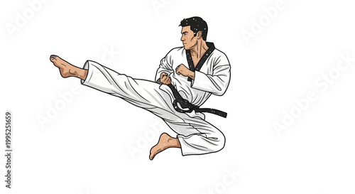 Martial arts fighter performing a dynamic flying side kick in a dojo uniform