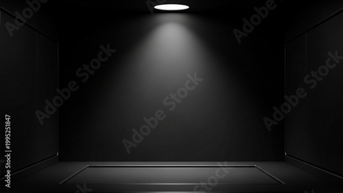A dramatic black room with a single spotlight shining down from the ceiling