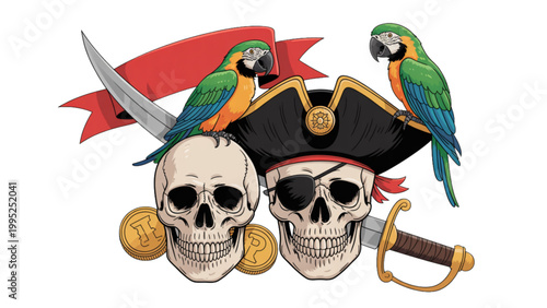 Colorful tropical fruits and animals illustration with skull and treasure chest Vector