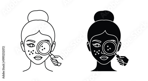Black and white vector illustration showing a woman examining her facial skin with a magnifying glass to identify acne and various pores for medical treatment
