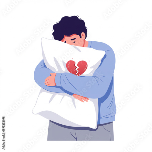 Heartbroken man clutching a pillow with a broken heart illustration, symbolizing sadness and emotional distress after a breakup or loss