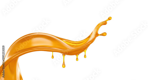 Golden-yellow viscous liquid, honey-like, mid-splash in elegant arc with drips and droplets, glossy texture, on transparent studio background. Concept for premium product marketing