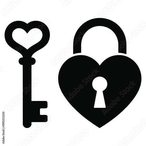 Matching Heart Key and Lock Security Love Symbol Concept Black Icon