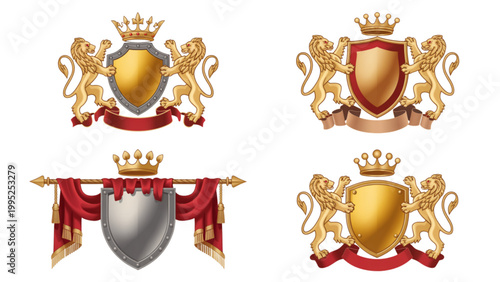 Vintage heraldic crests and coats of arms with golden crowns and shields Vector