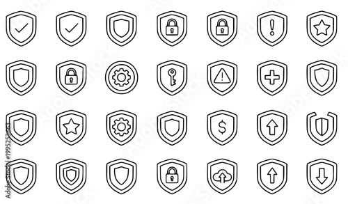 Shield thin line icons set with security symbols editable stroke pixel perfect vector collection for UI design isolated on white