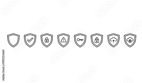 Minimal shield thin line icon lineup with security and protection symbols editable stroke pixel perfect vector set isolated on white