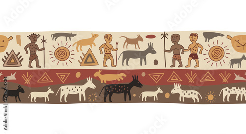 Ancient Egyptian Hieroglyphic Frieze with People, Animals, and Symbols.