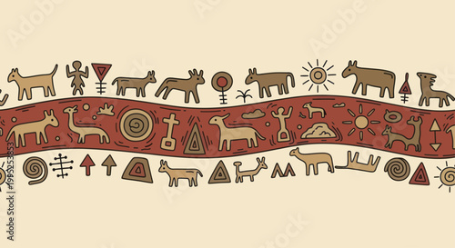 Ancient Petroglyphs Depicting Animals and Symbols.