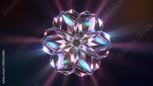 Abstract Crystal Flower Rotating with Light Rays and Refractions on Dark Background. 4K footage