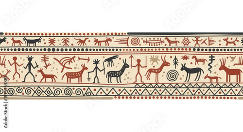 Ancient tribal art depicting human figures and animals in a repeating pattern.