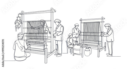 Artisans meticulously weaving textiles on traditional looms in a workshop.