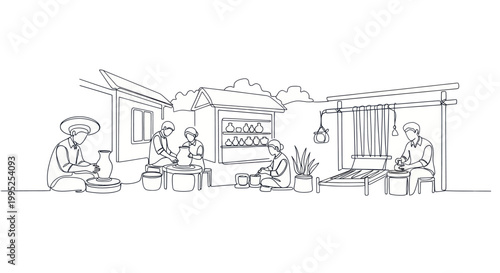 Artistic Line Drawing of People Engaged in Traditional Craftsmanship.