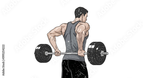 Man performing barbell row exercise, building back muscles, fitness illustration