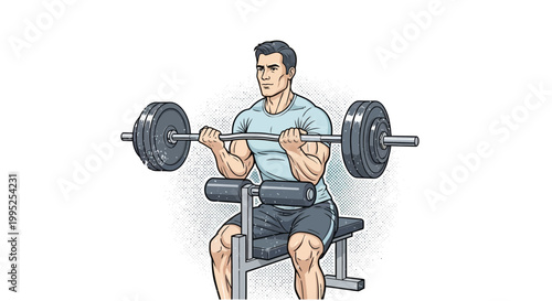 Man performing barbell curls on preacher bench for bicep workout