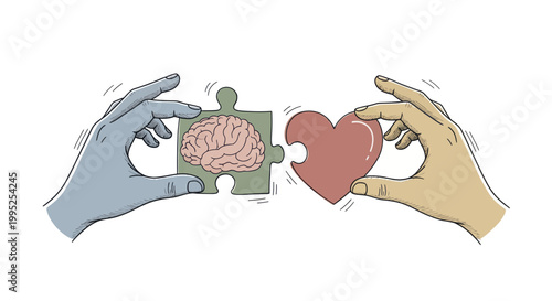 Brain and Heart Puzzle Pieces Connecting in Hands.