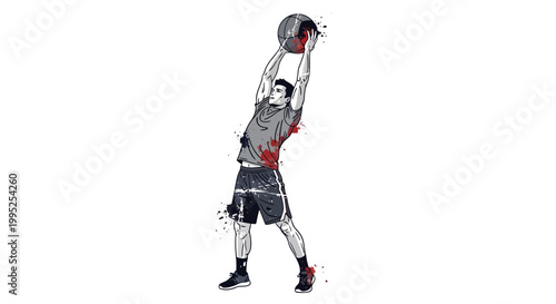 Man performing medicine ball overhead slam exercise with splatter effect