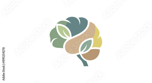 Brain shape with leaves and natural colors symbolizing mental health and growth.