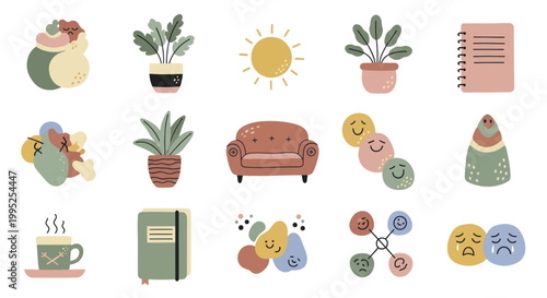 Collection of Cozy Home and Mental Wellness Icons.
