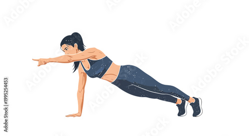 Woman doing plank exercise with extended arm, fitness illustration
