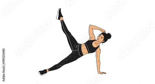 Woman doing side plank with leg raise exercise, fitness illustration