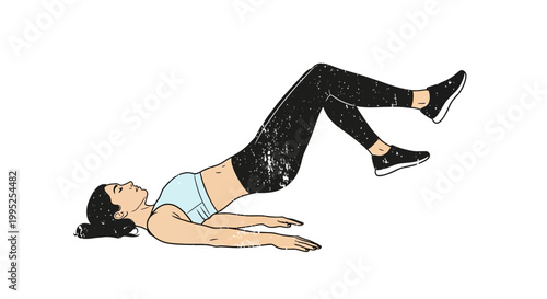 Woman doing single leg glute bridge exercise on white background