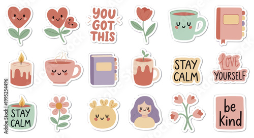 Collection of cute and uplifting cartoon stickers with positive messages and charming illustrations.