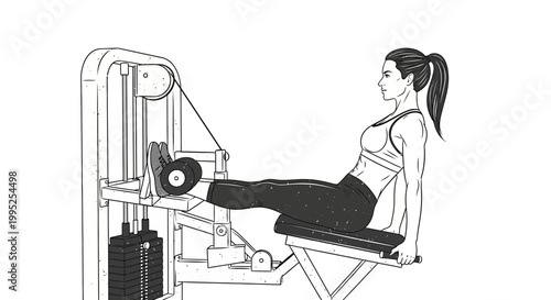 Woman exercising legs on a leg press machine in a gym, illustration