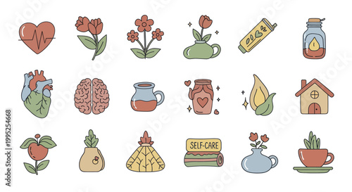 Collection of Hand Drawn Icons Representing Health and Home.