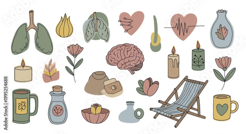Collection of Hand-Drawn Doodle Icons Representing Wellness and Relaxation.