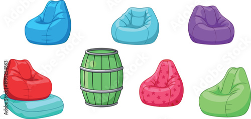 Colorful bean bag chairs collection with soft seating furniture and inflatable pouf designs isolated on light background vector illustration set
