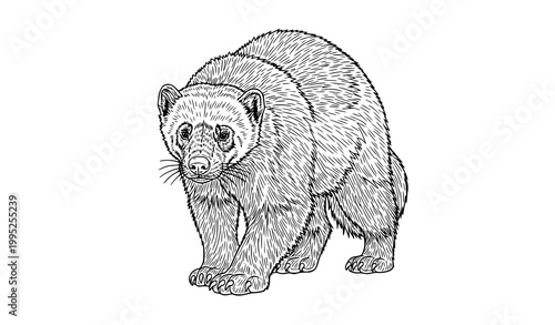 North American wolverine walking wildlife line art vector illustration detailed animal coloring page for kids and adults